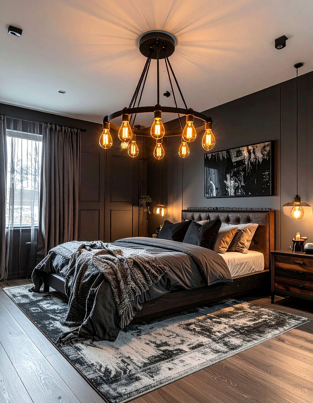 Edison Bulb Chandelier - 30 industrial black bedroom ideas