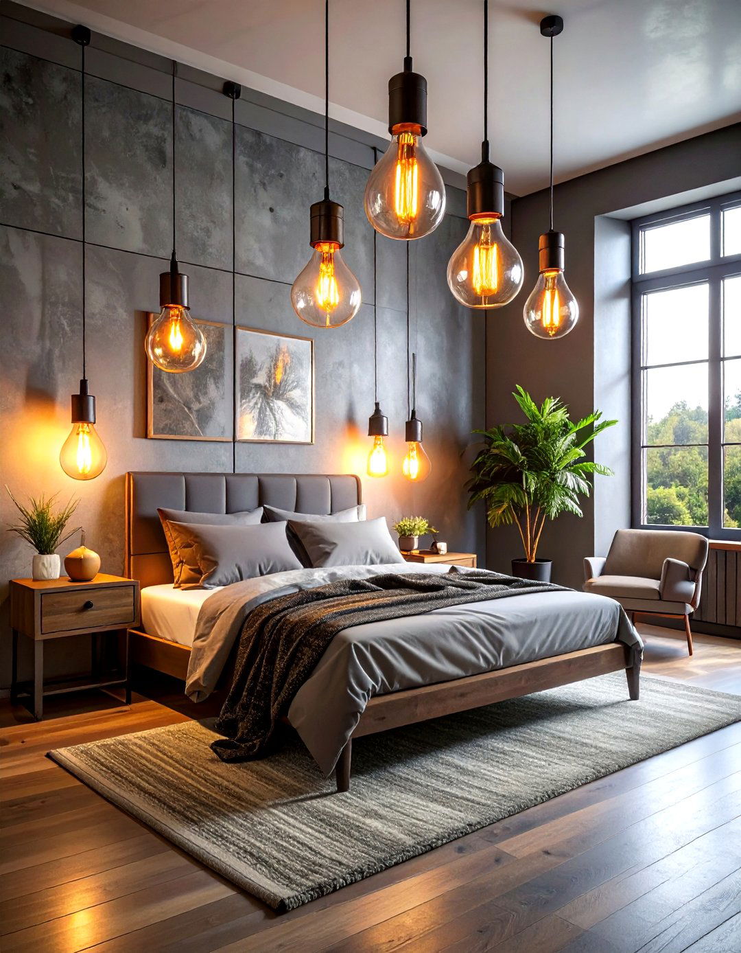Edison bulb lighting - 30 industrial grey bedroom ideas