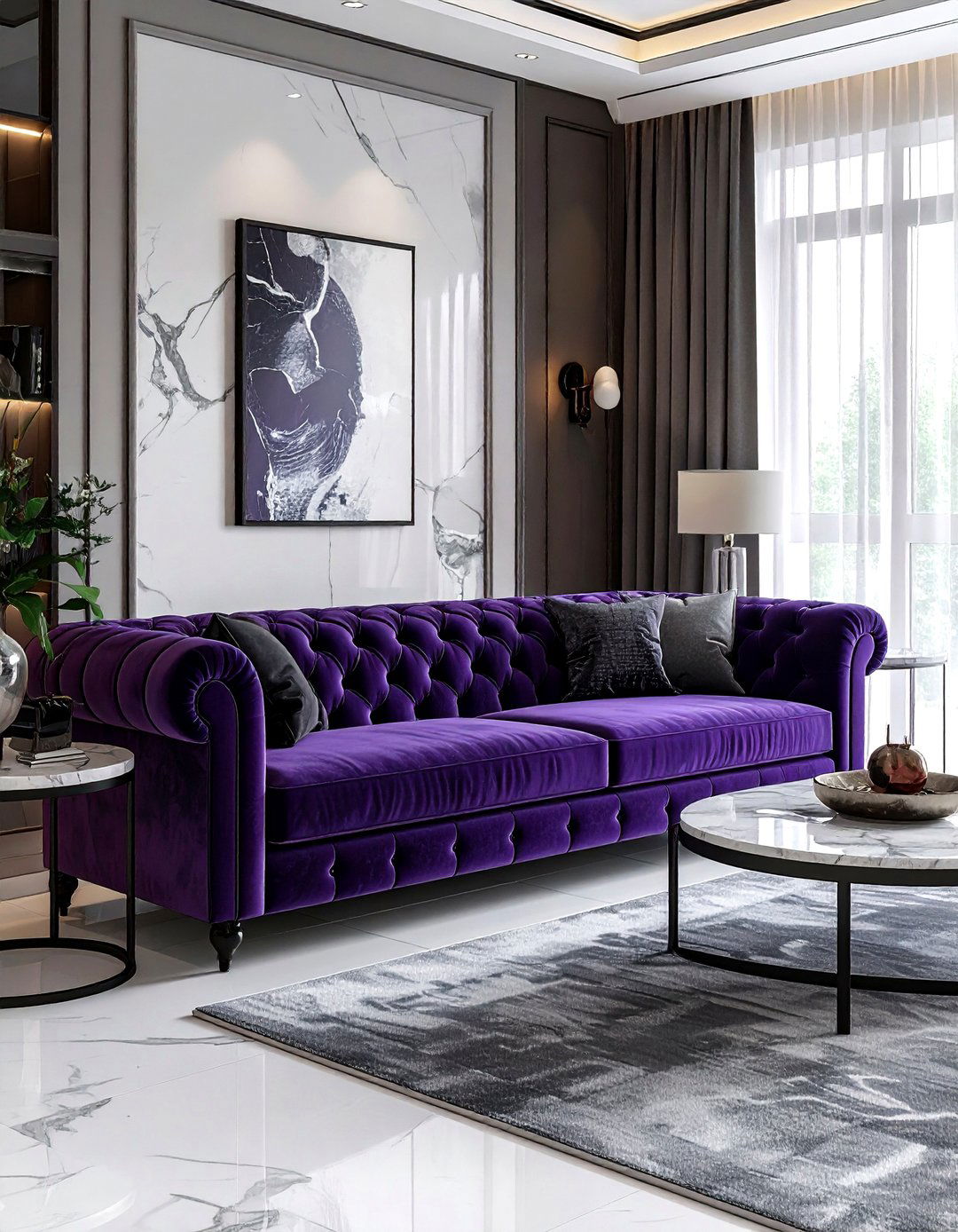 Eggplant velvet sofa - 30 purple decor ideas