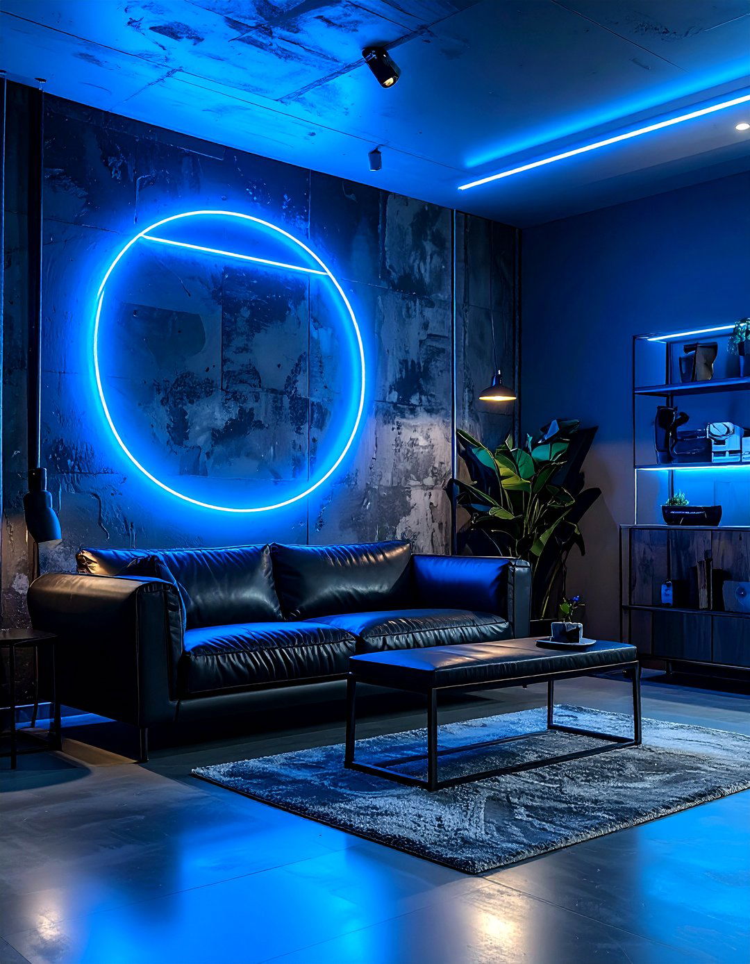 Electric blue neon sign living room - 30 industrial blue living room ideas