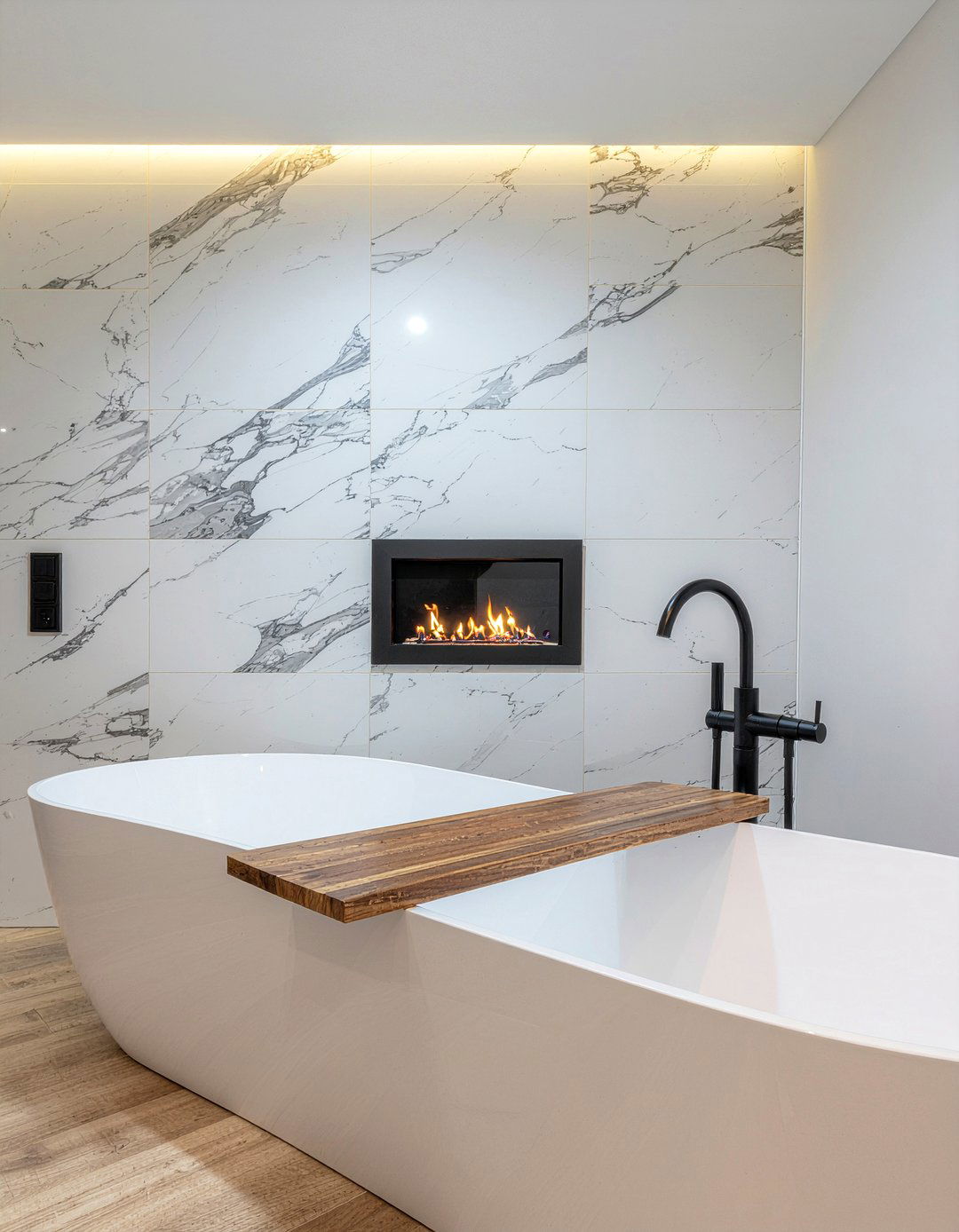 Electric fireplace above bathtub - 30 bathroom fireplace ideas