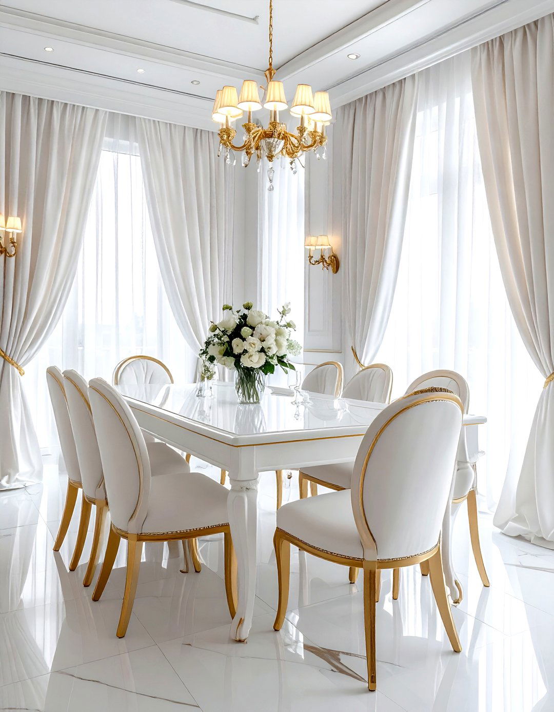 Elegant white gold dining area - 30 gold and white dining room ideas