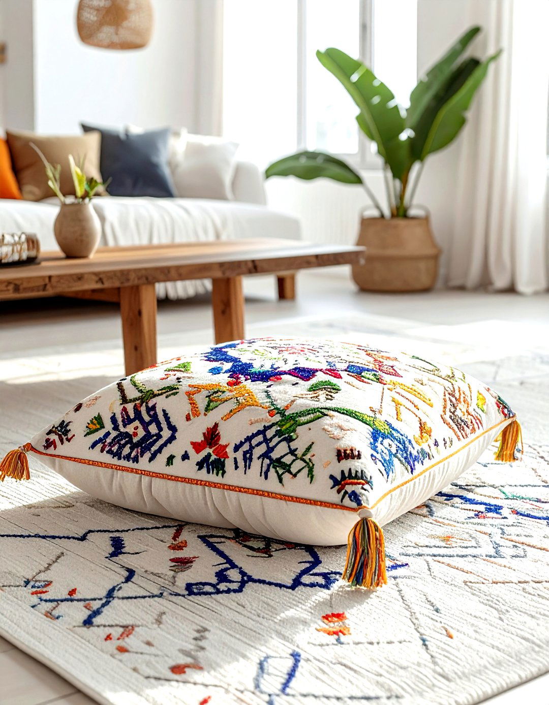 Embroidered Floor Cushion - 30 living room pouf seating ideas