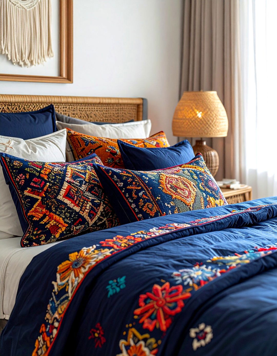 Embroidered Pillows Navy Bedroom - 30 bohemian navy bedroom ideas