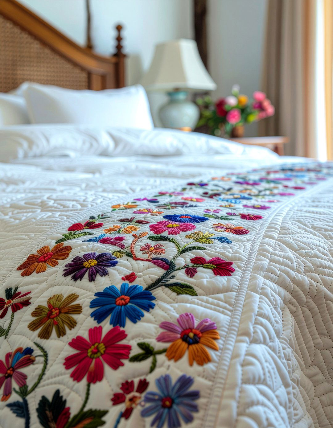 Embroidered Quilt Detail - 30 quilted bedroom ideas
