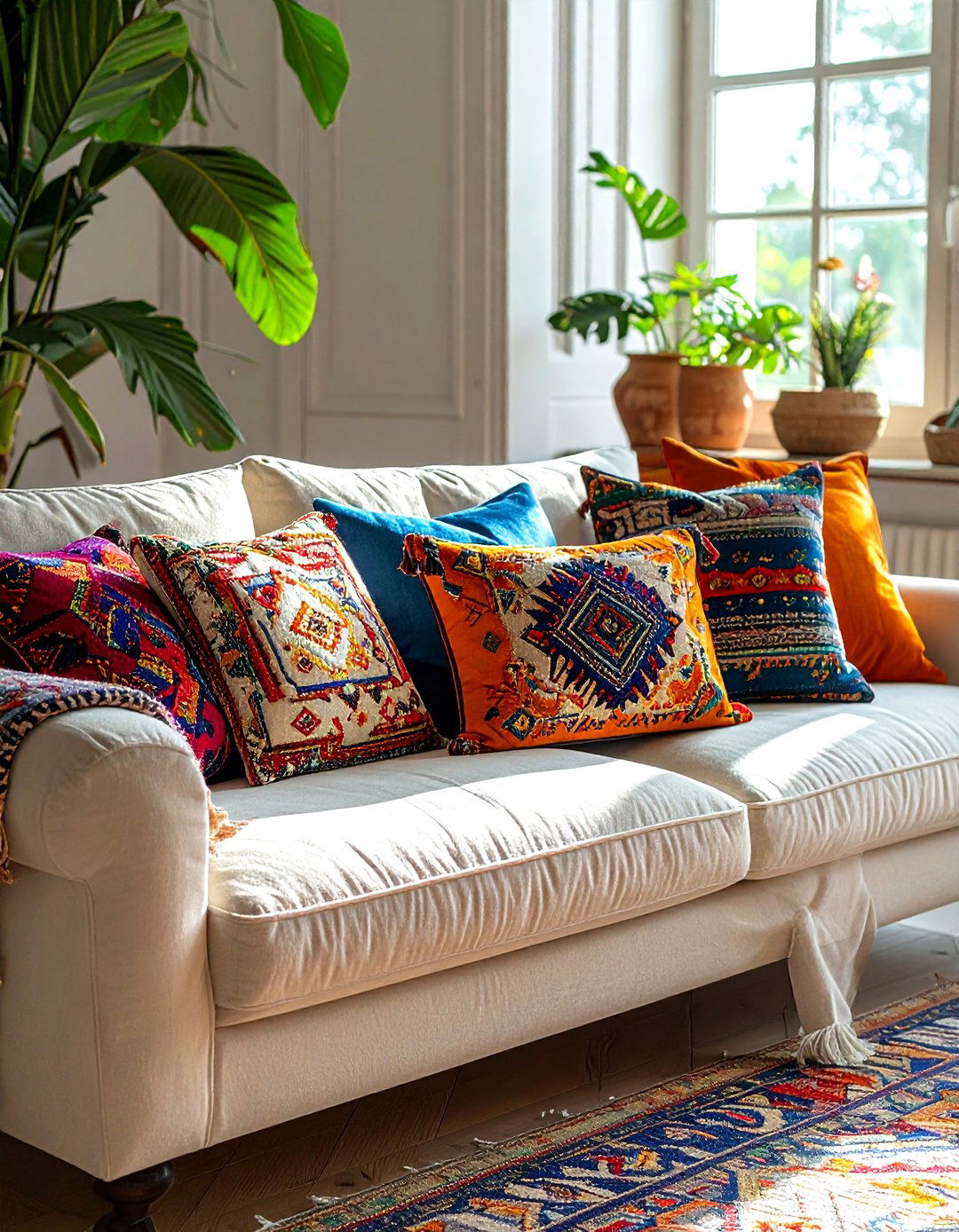 Embroidered Throw Pillow - 30 living room Bohemian furniture ideas