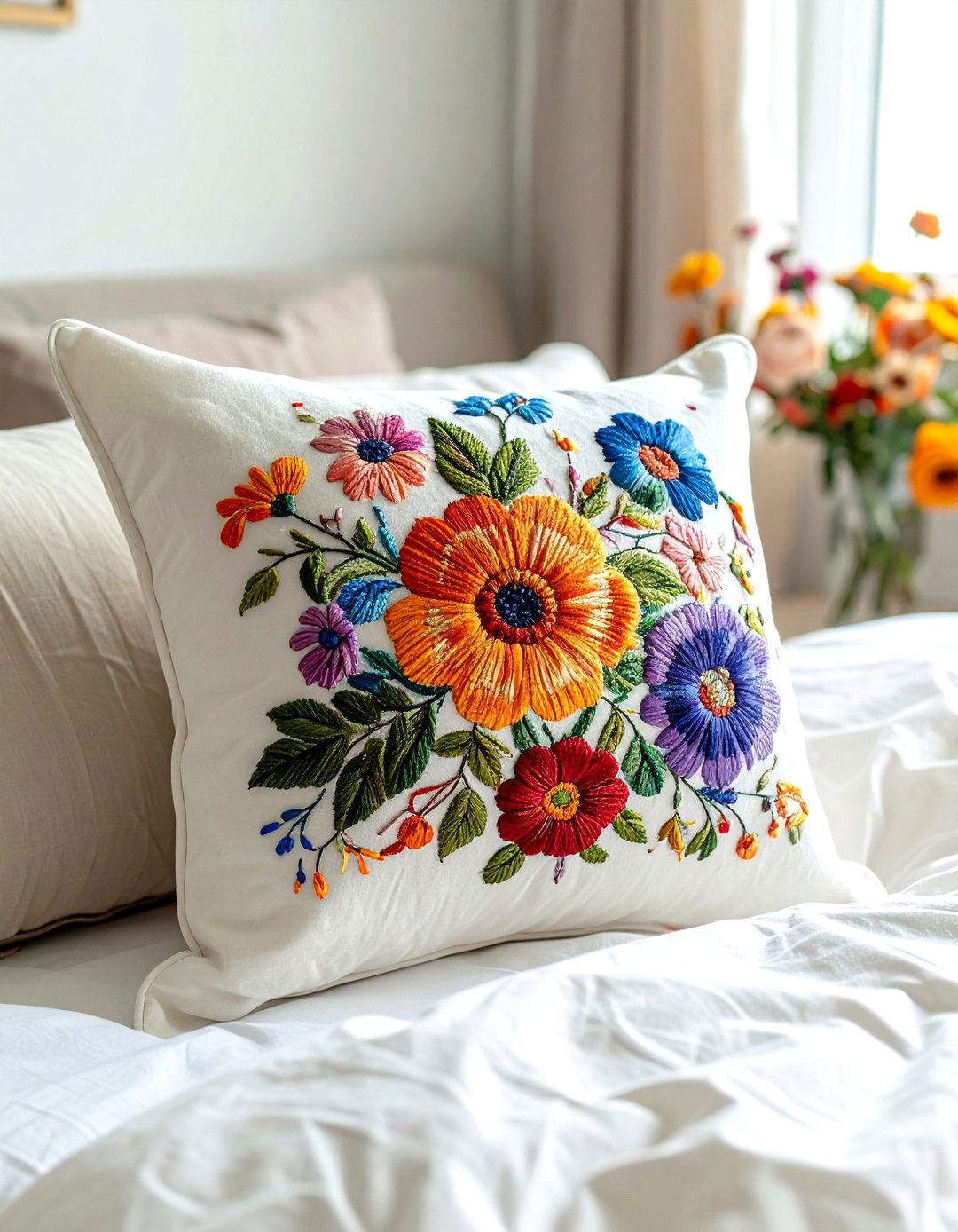 Embroidered Throw Pillow - 30 thrifted bedroom ideas