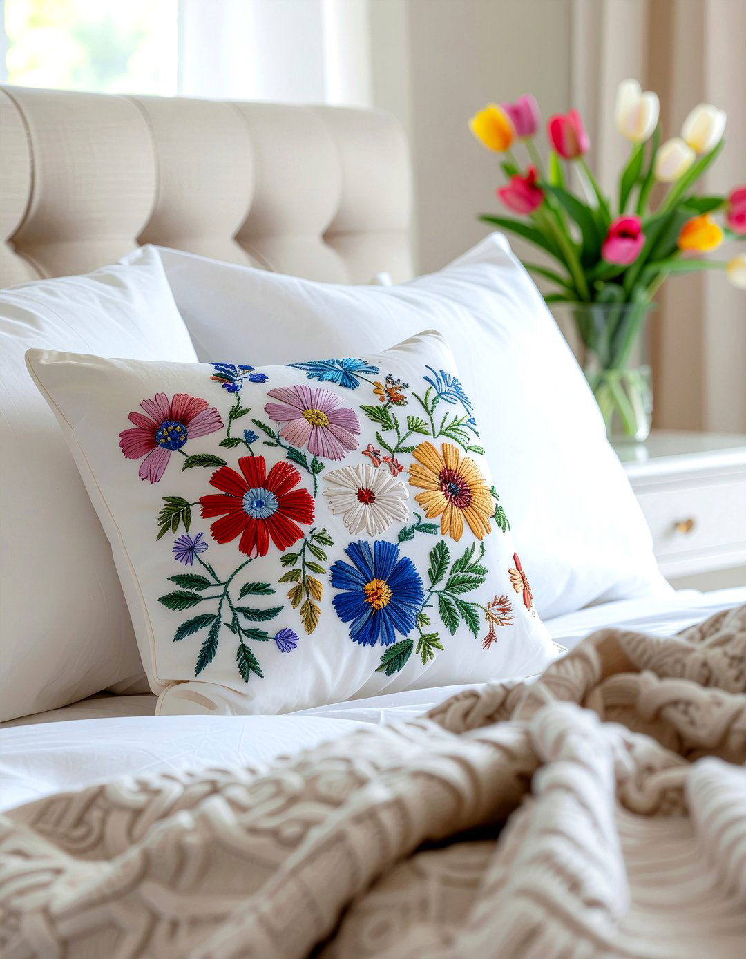 Embroidered decorative pillow - 30 bedroom texture layering ideas