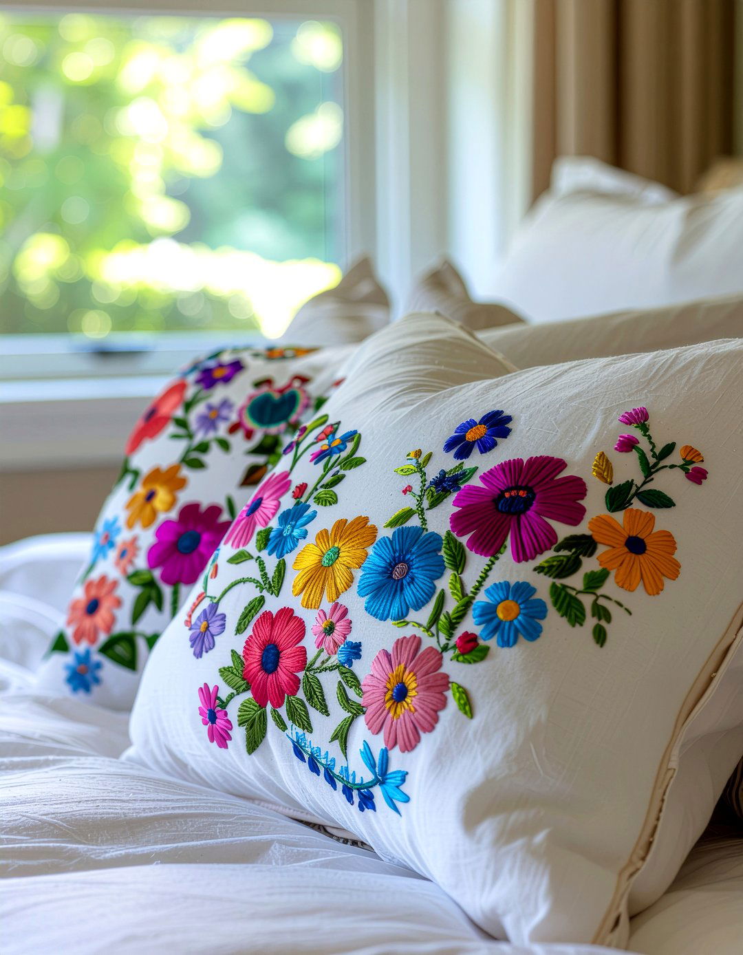 Embroidered floral pillows - 30 floral themed bedroom ideas