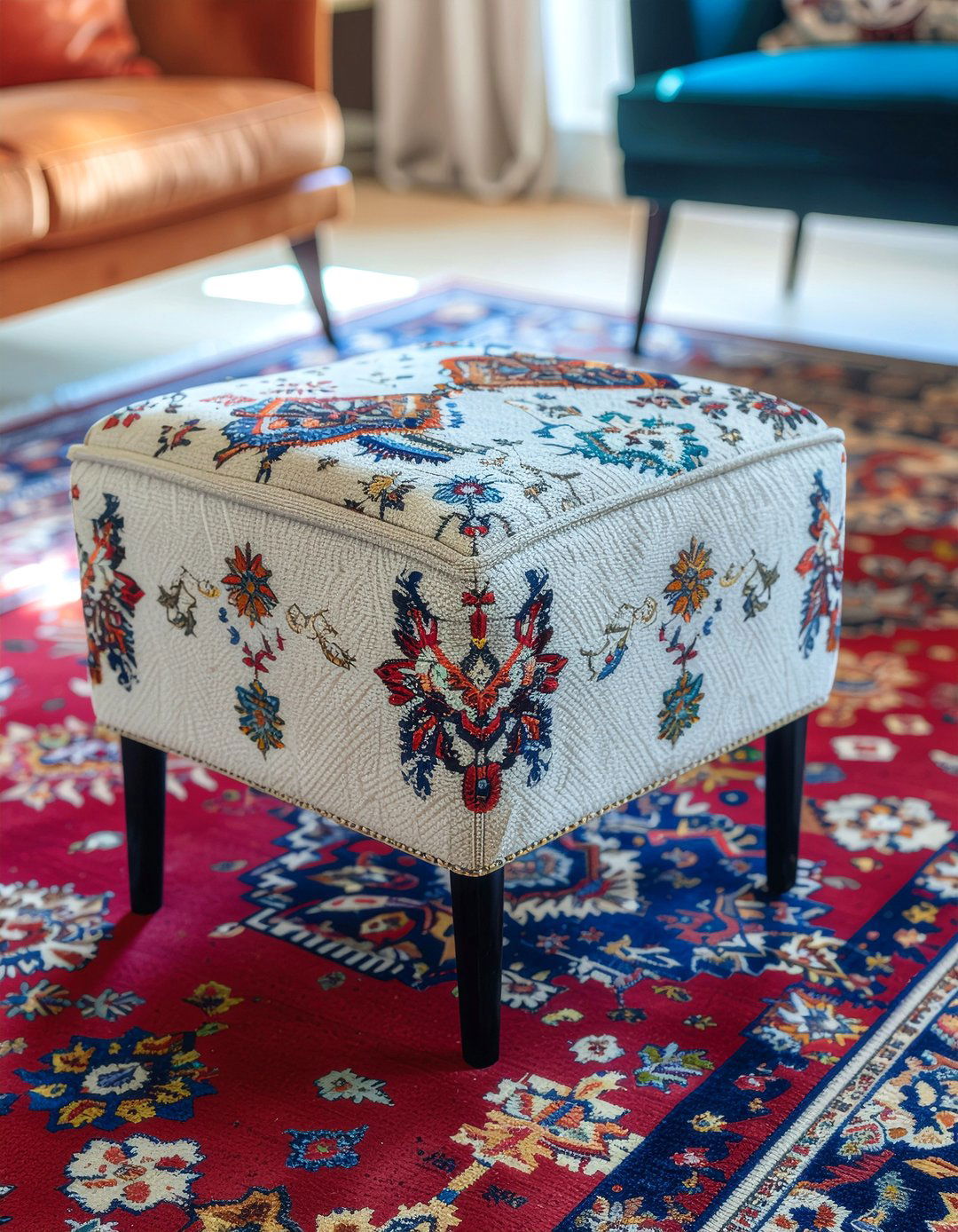 Embroidered ottoman cover - 30 embroidered living room ideas