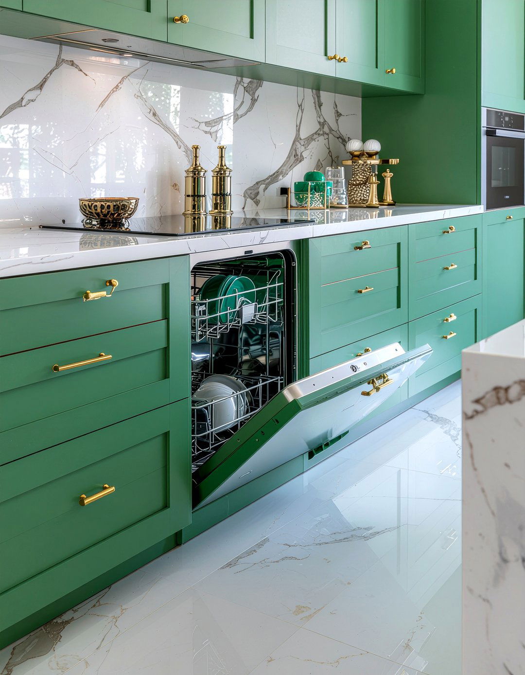 Emerald Green Cabinets - 30 panel-ready dishwasher kitchen ideas