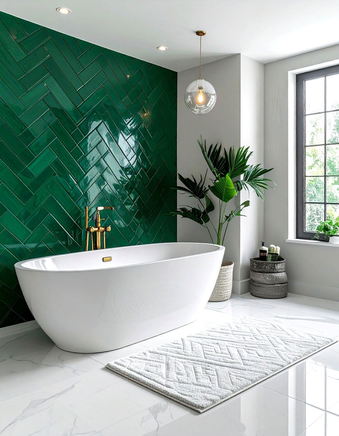 Emerald Green Herringbone Tile Wall - 30 emerald bathroom decor ideas