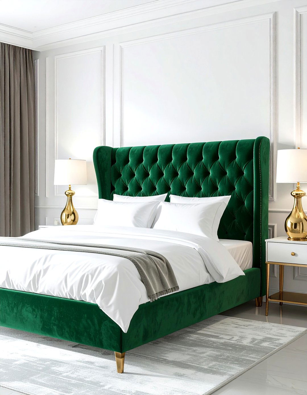 Emerald Velvet Upholstered Headboard - 30 emerald and white bedroom ideas