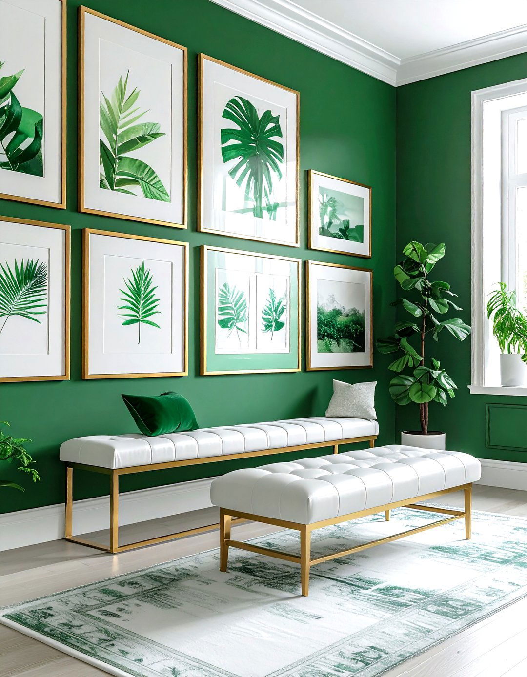 Emerald gallery wall - 30 emerald and white living room ideas