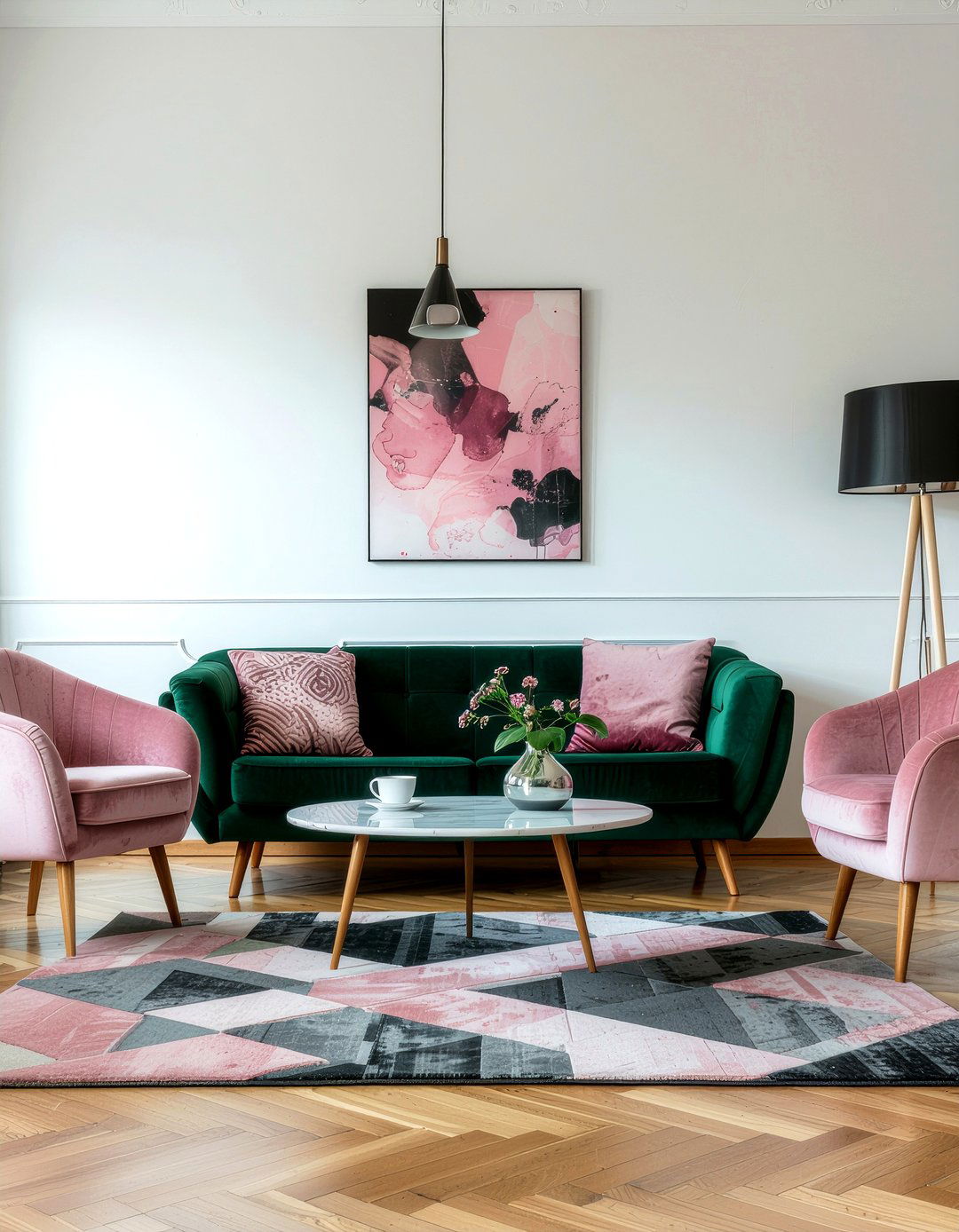 Emerald green and blush pink living room - 30 emerald living room ideas