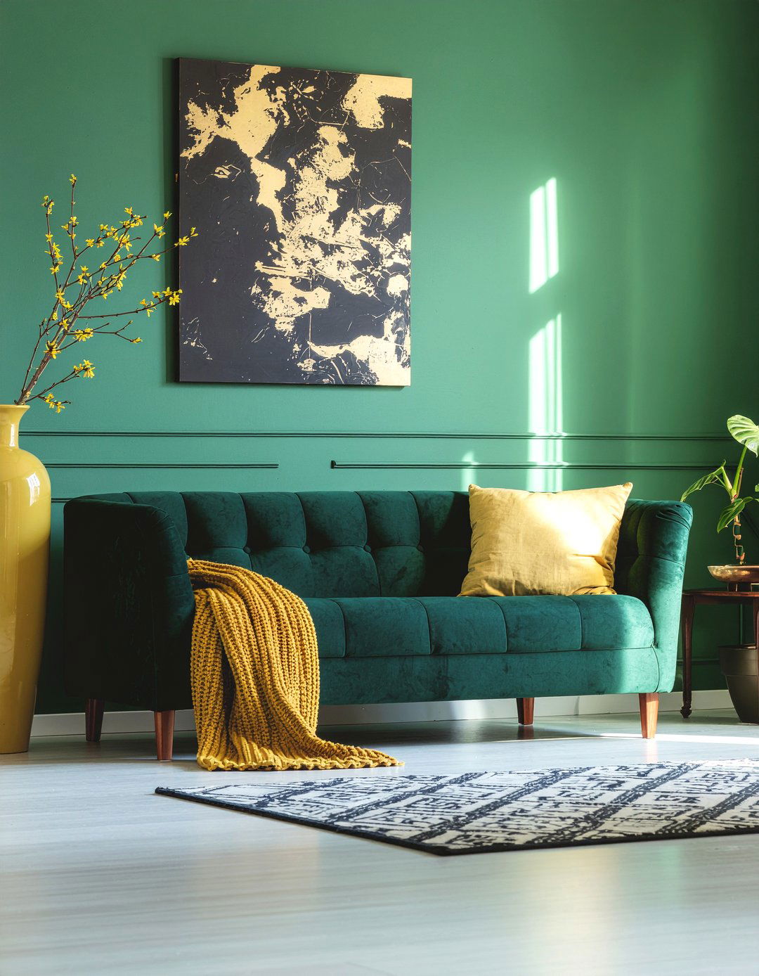 Emerald green and mustard yellow living room - 30 emerald living room ideas