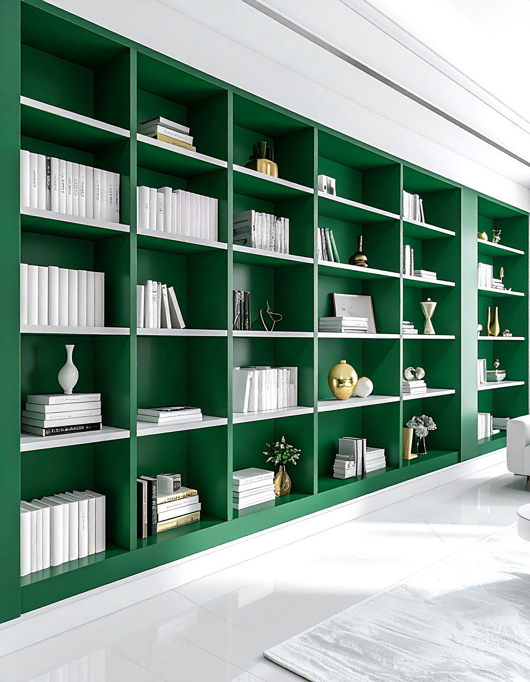 Emerald green bookshelves - 30 emerald and white living room ideas