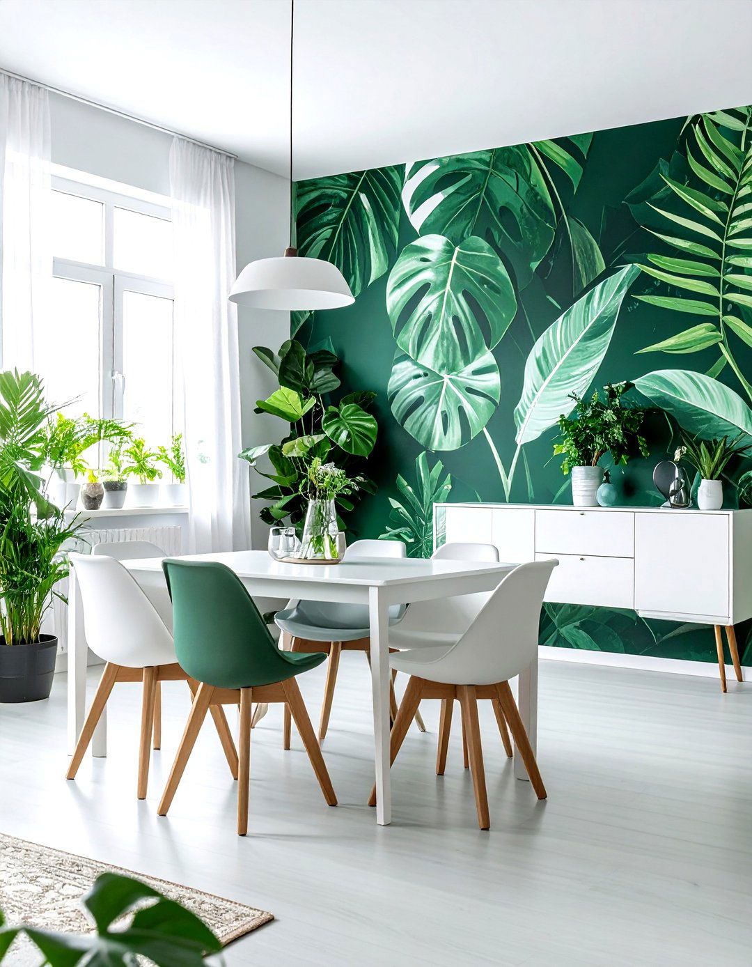 Emerald green botanical wallpaper white dining room - 30 emerald and white dining room ideas