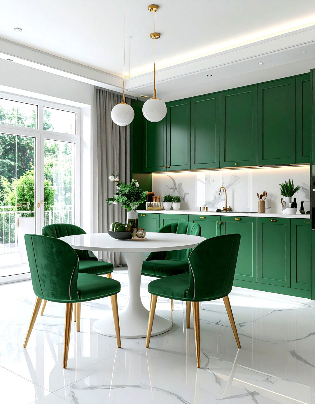 Emerald green built in cabinets white dining room