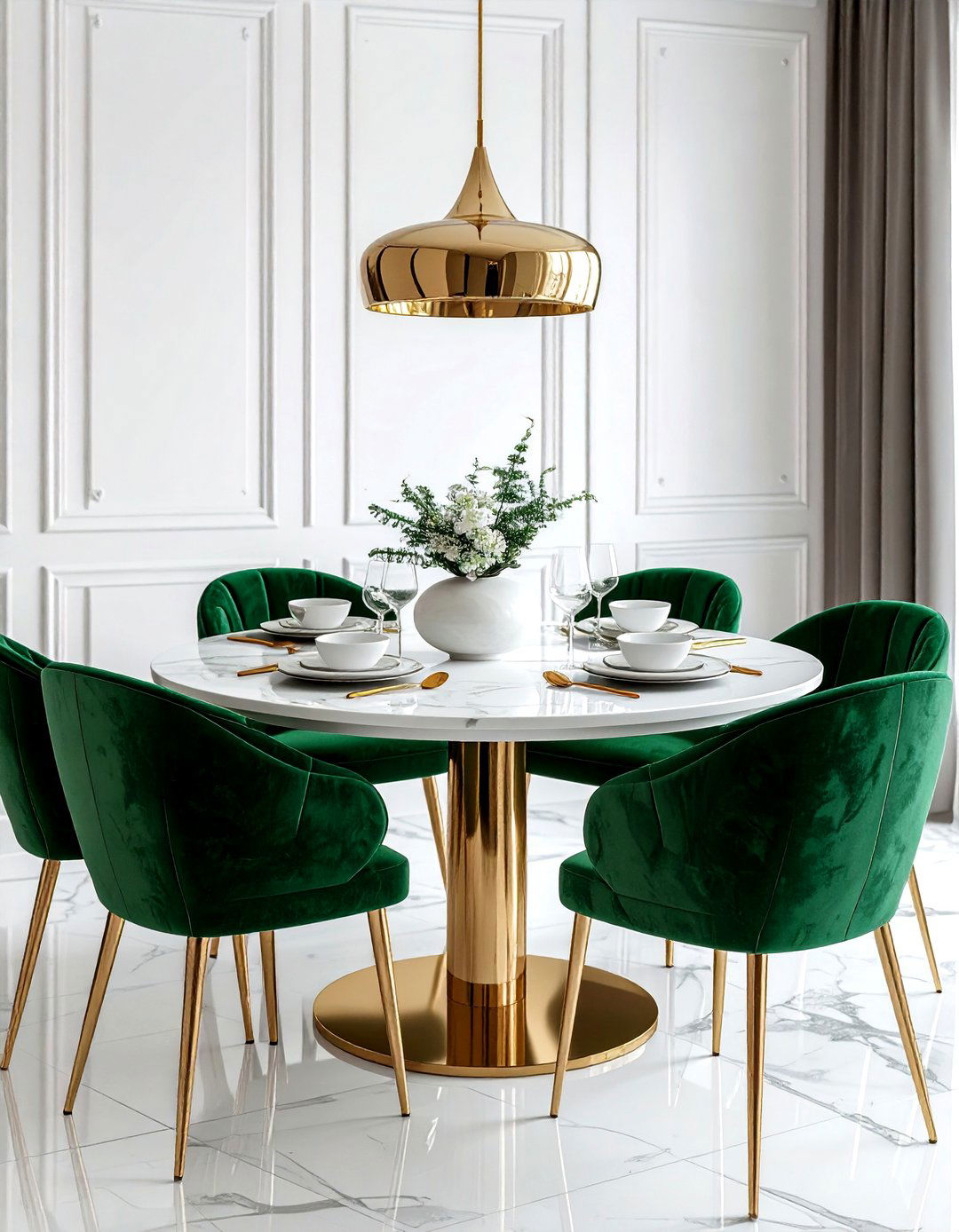 Emerald green chairs white table - 30 green and white dining room ideas