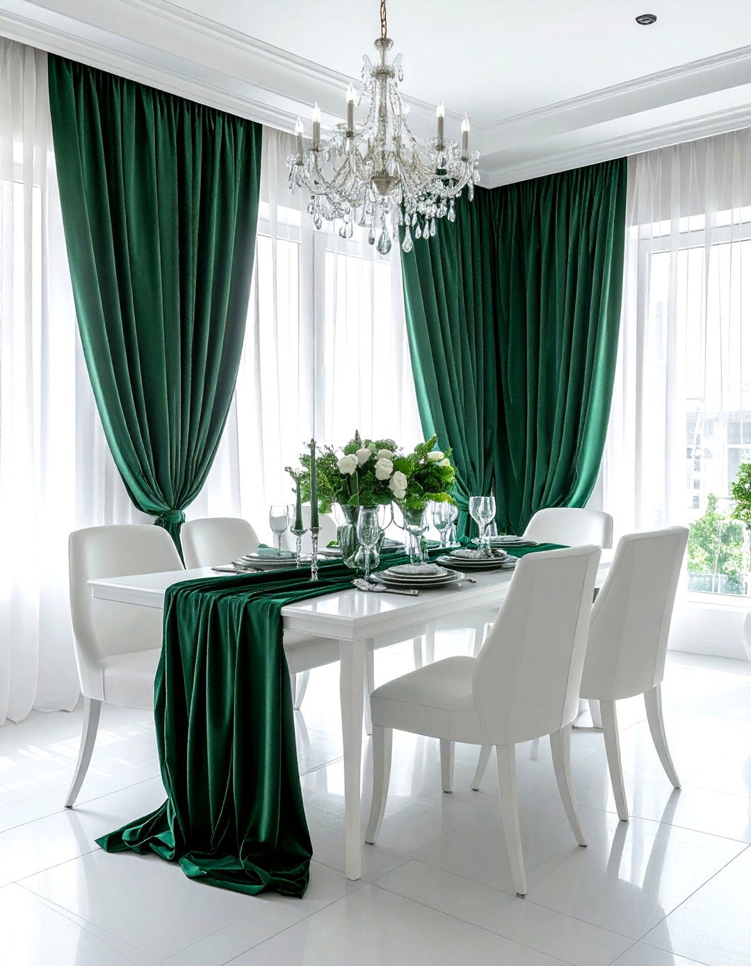 Emerald green curtains white dining room - 30 emerald and white dining room ideas