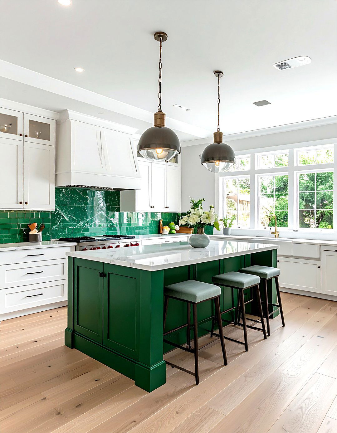 Emerald green kitchen island with white cabinets