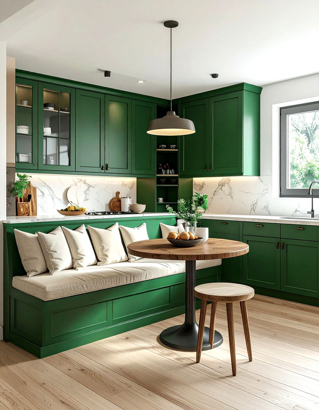 Emerald green kitchen with breakfast nook - 30 emerald kitchen decor ideas