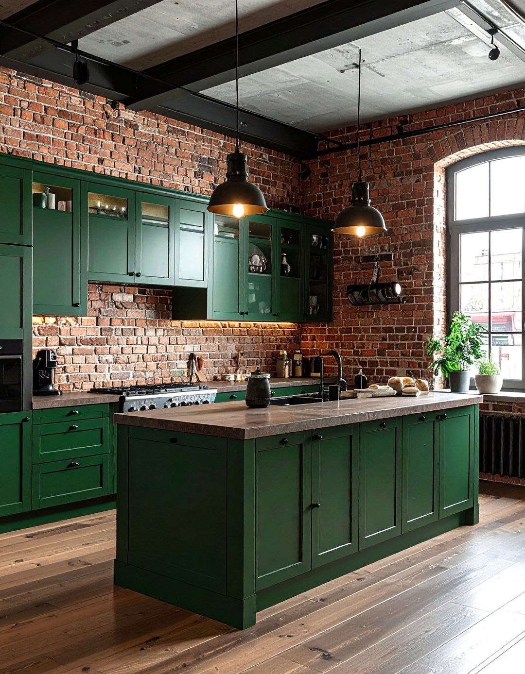 Emerald green kitchen with brick wall - 30 emerald kitchen decor ideas
