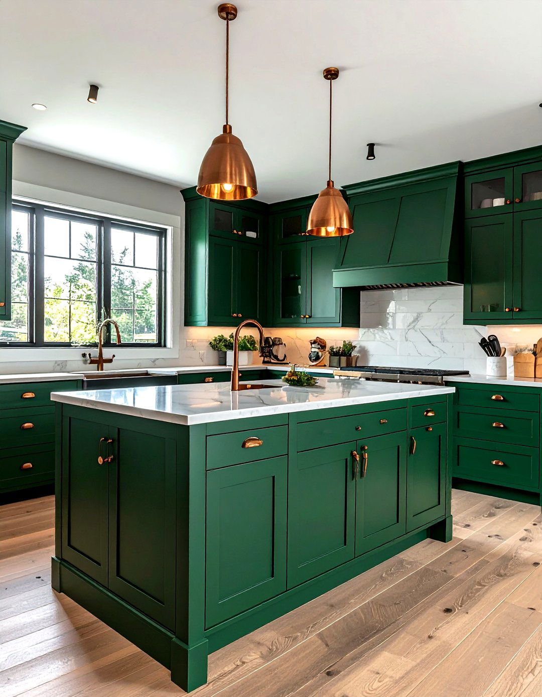 Emerald green kitchen with copper hardware - 30 emerald kitchen ideas