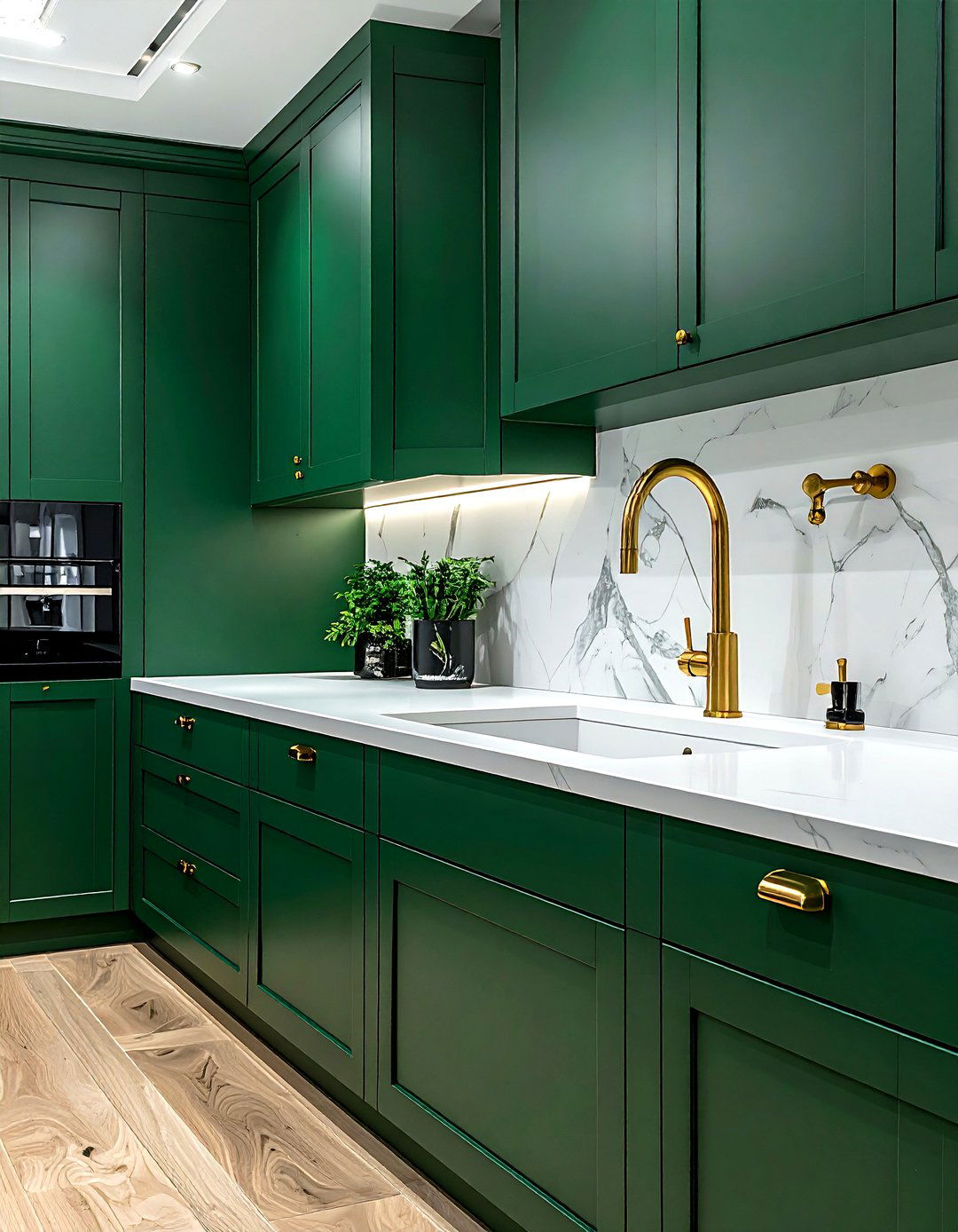 Emerald green kitchen with gold faucet - 30 emerald kitchen ideas