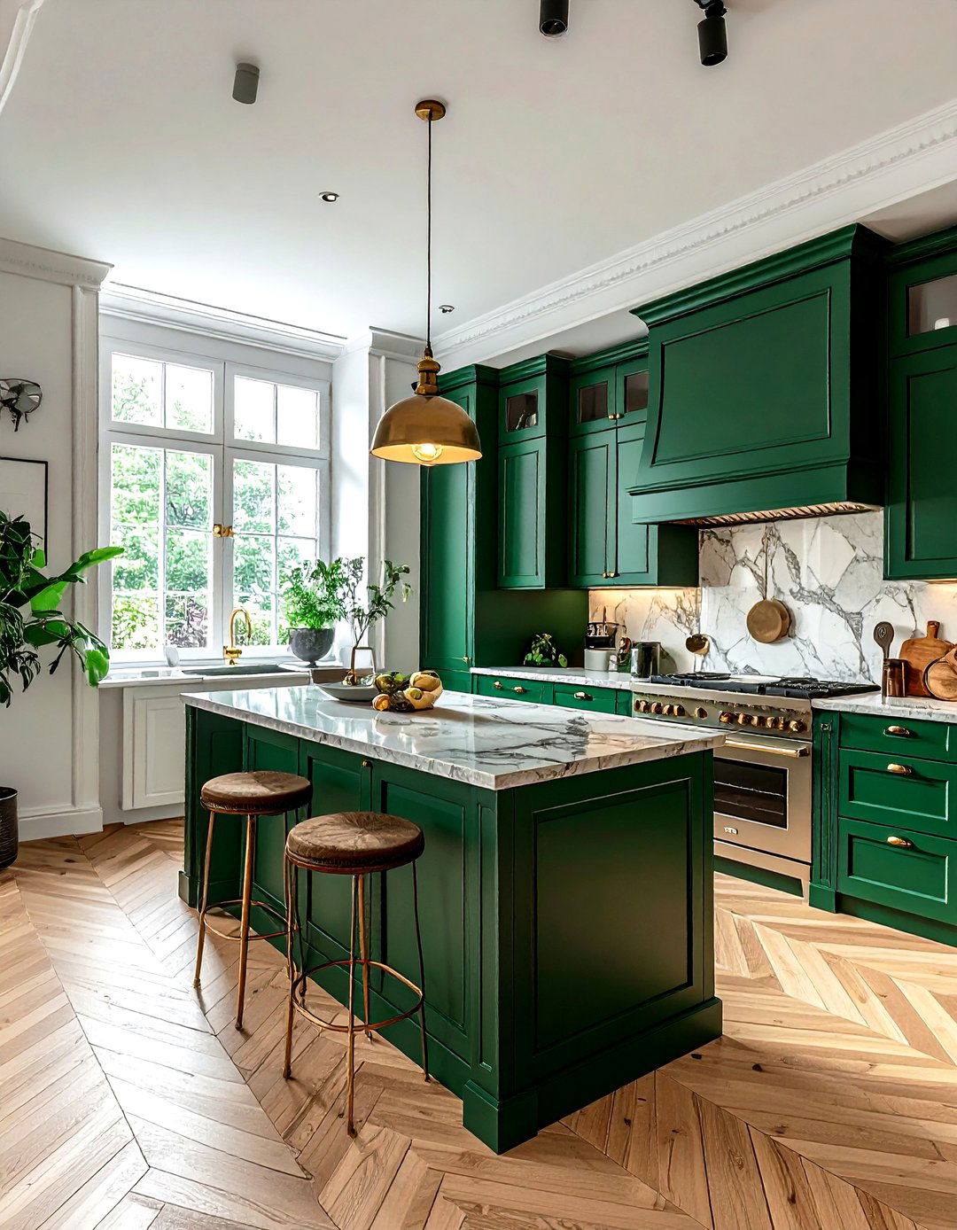 Emerald green kitchen with herringbone floor - 30 emerald kitchen ideas