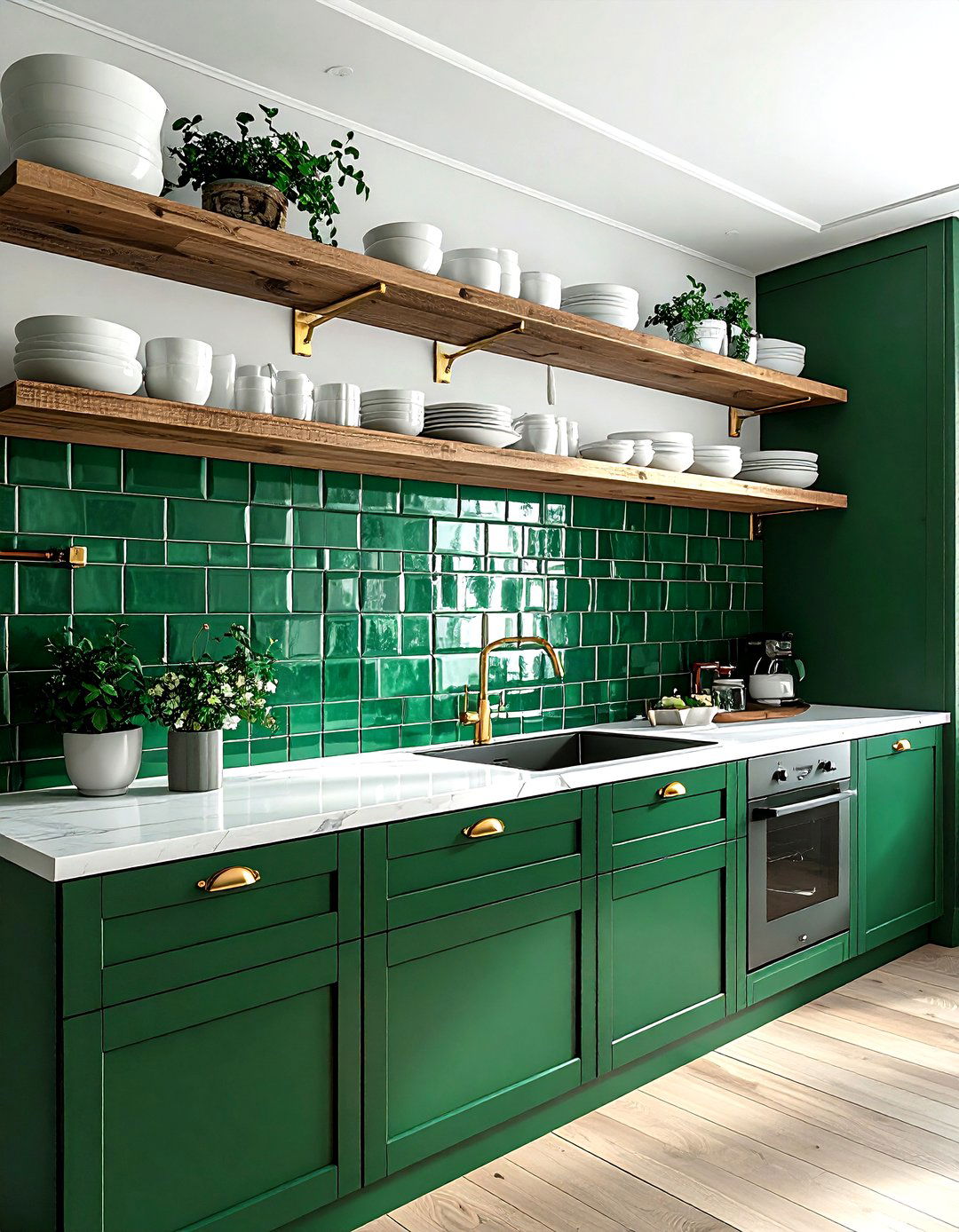 Emerald green kitchen with open shelving - 30 emerald kitchen decor ideas