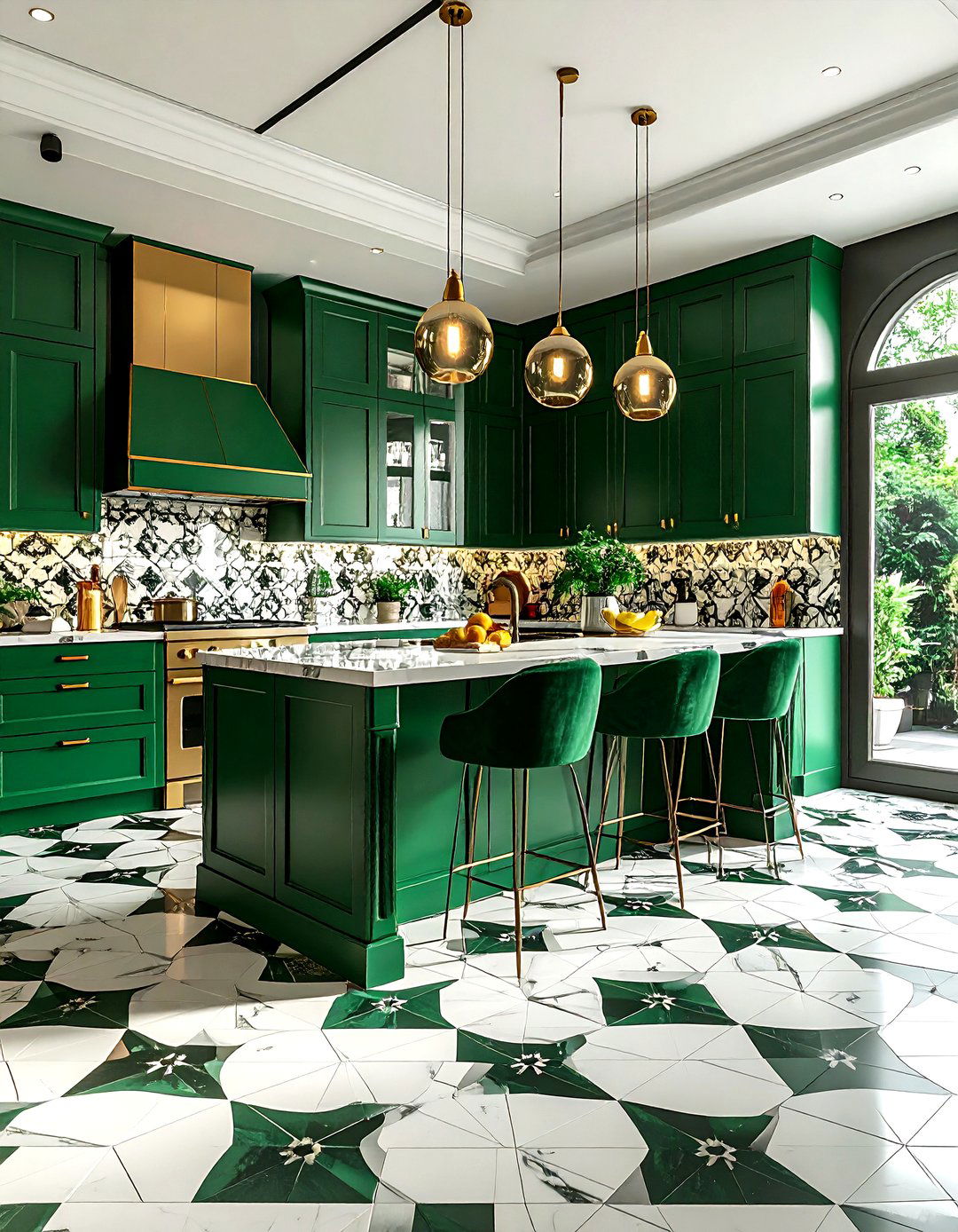 Emerald green kitchen with patterned floor tile - 30 emerald kitchen ideas