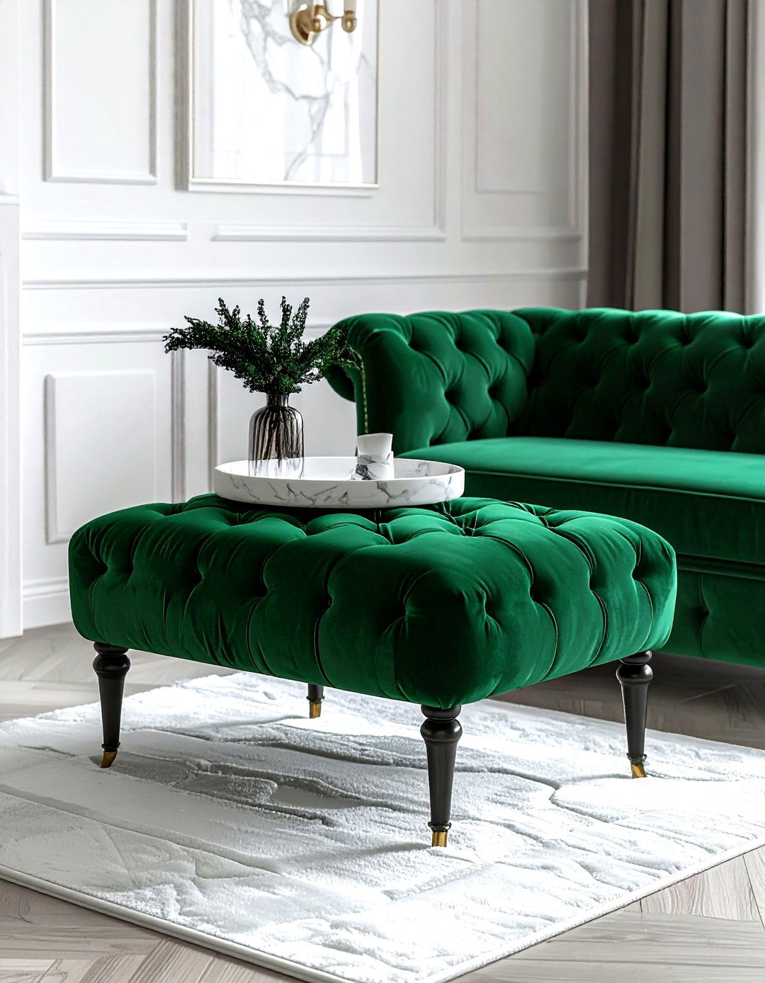 Emerald green ottoman - 30 emerald and white living room ideas