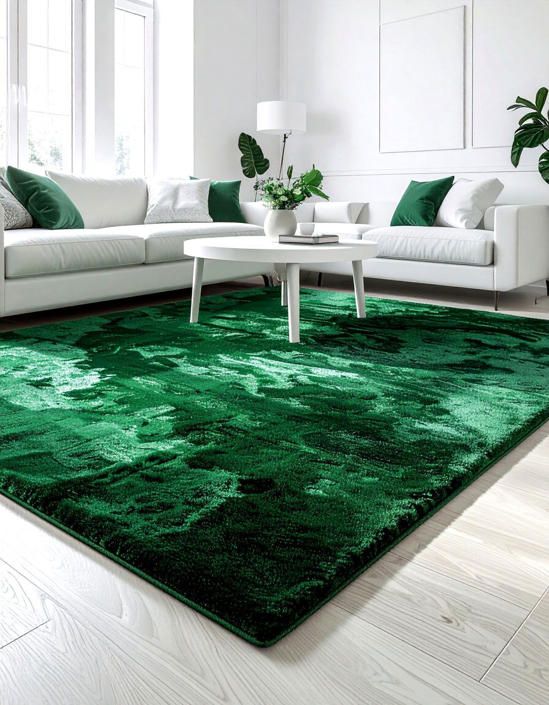 Emerald green rug - 30 emerald and white living room ideas