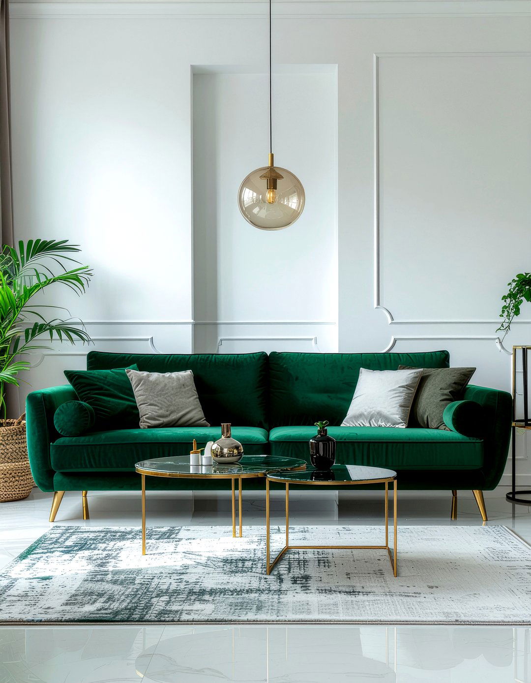Emerald green sofa - 30 modern glam living room ideas