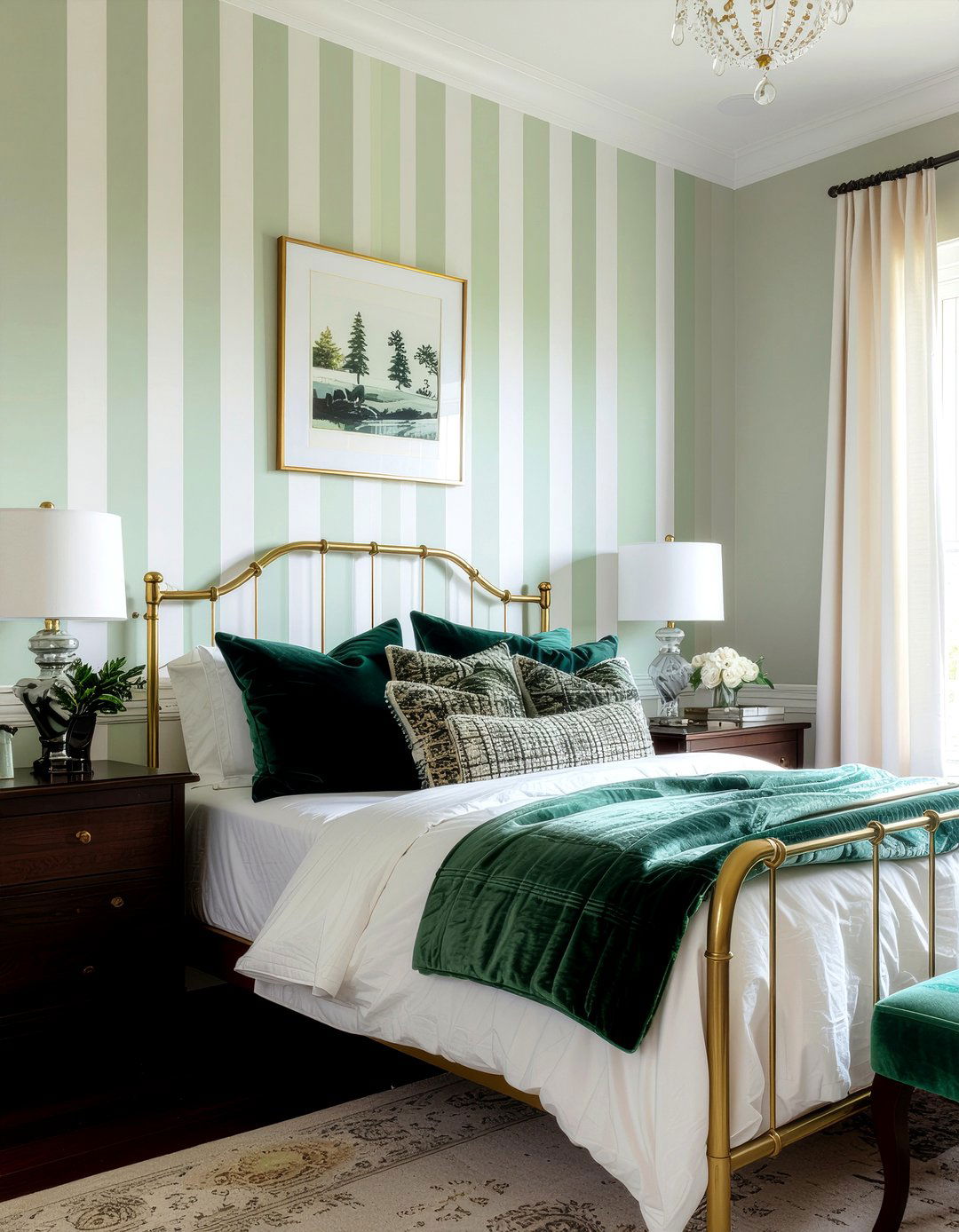 Emerald green stripe wallpaper - 30 bedroom striped wallpapers