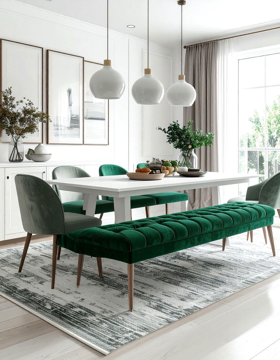 Emerald green upholstered bench white dining room - 30 emerald and white dining room ideas
