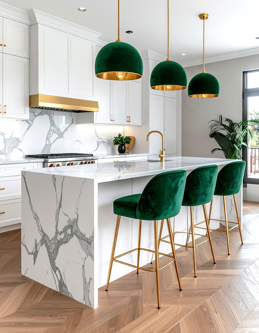 Emerald green velvet bar stools - 30 velvet kitchen ideas