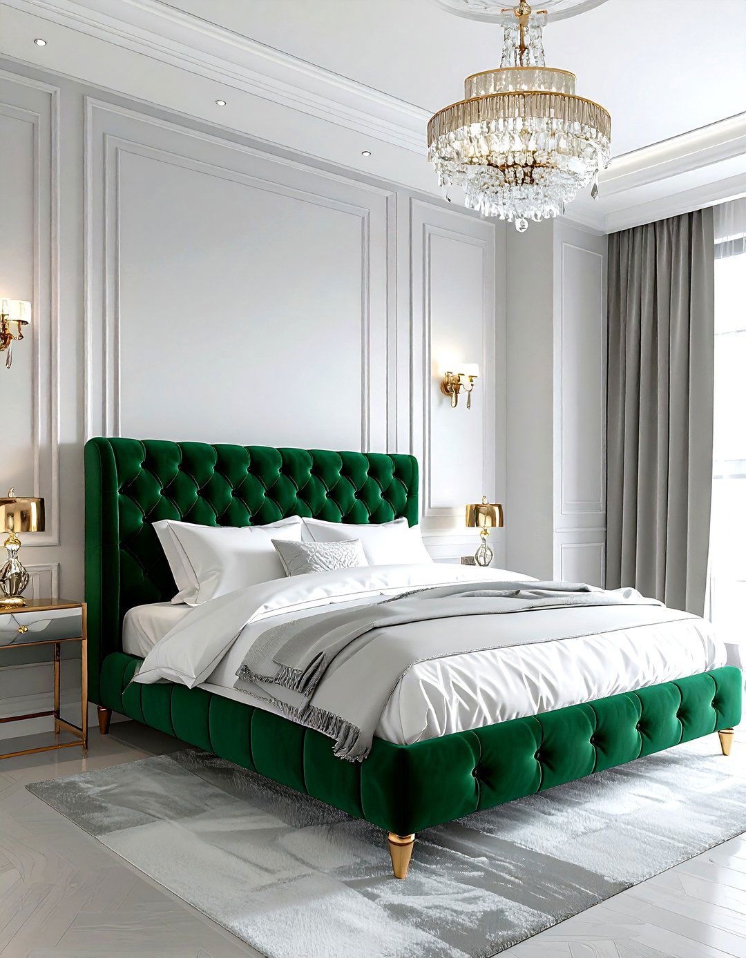 Emerald green velvet bed - 30 green bedroom decor ideas