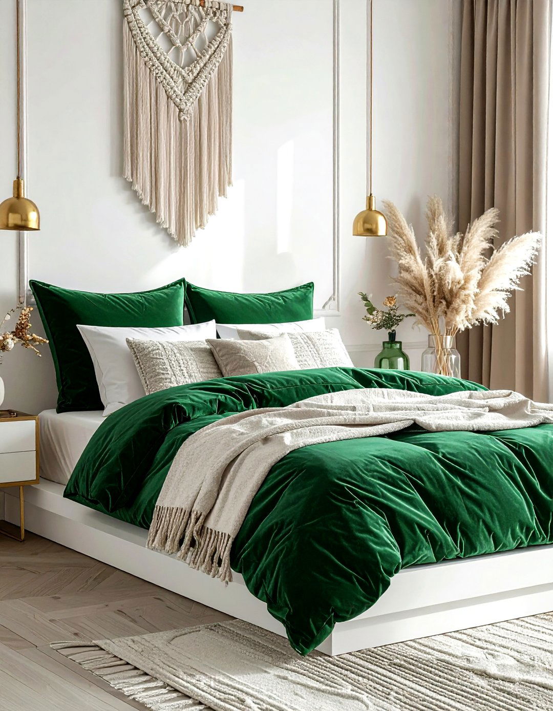 Emerald green velvet bedding - 30 bohemian green bedroom ideas