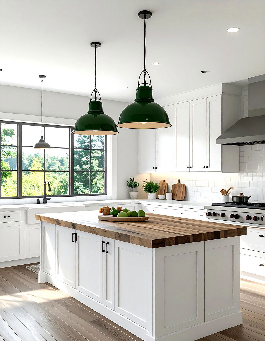 Enamel Shade Farmhouse Kitchen - 30 industrial pendant kitchen ideas