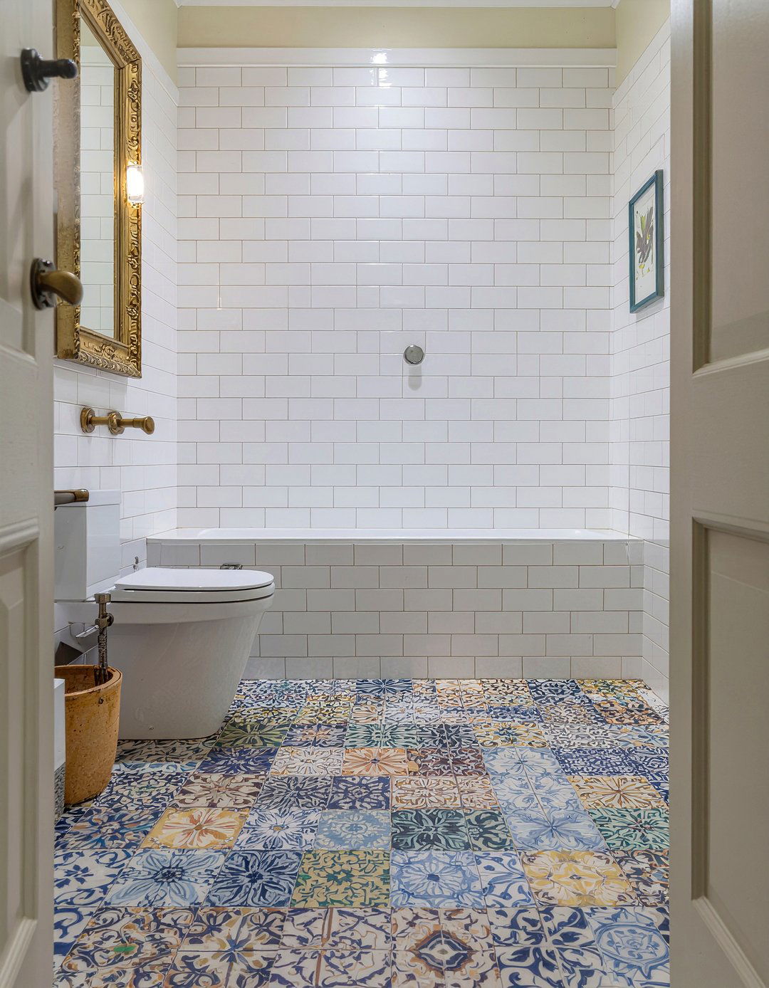 Encaustic and subway tile - 30 mixed tile bathroom ideas