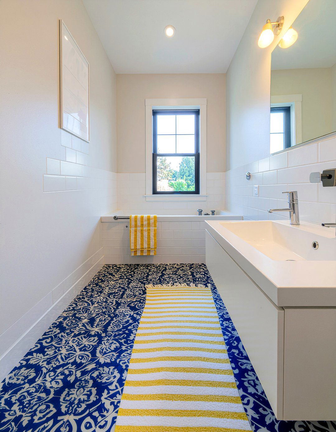 Encaustic tile and striped towel - 30 bathroom pattern mixing ideas