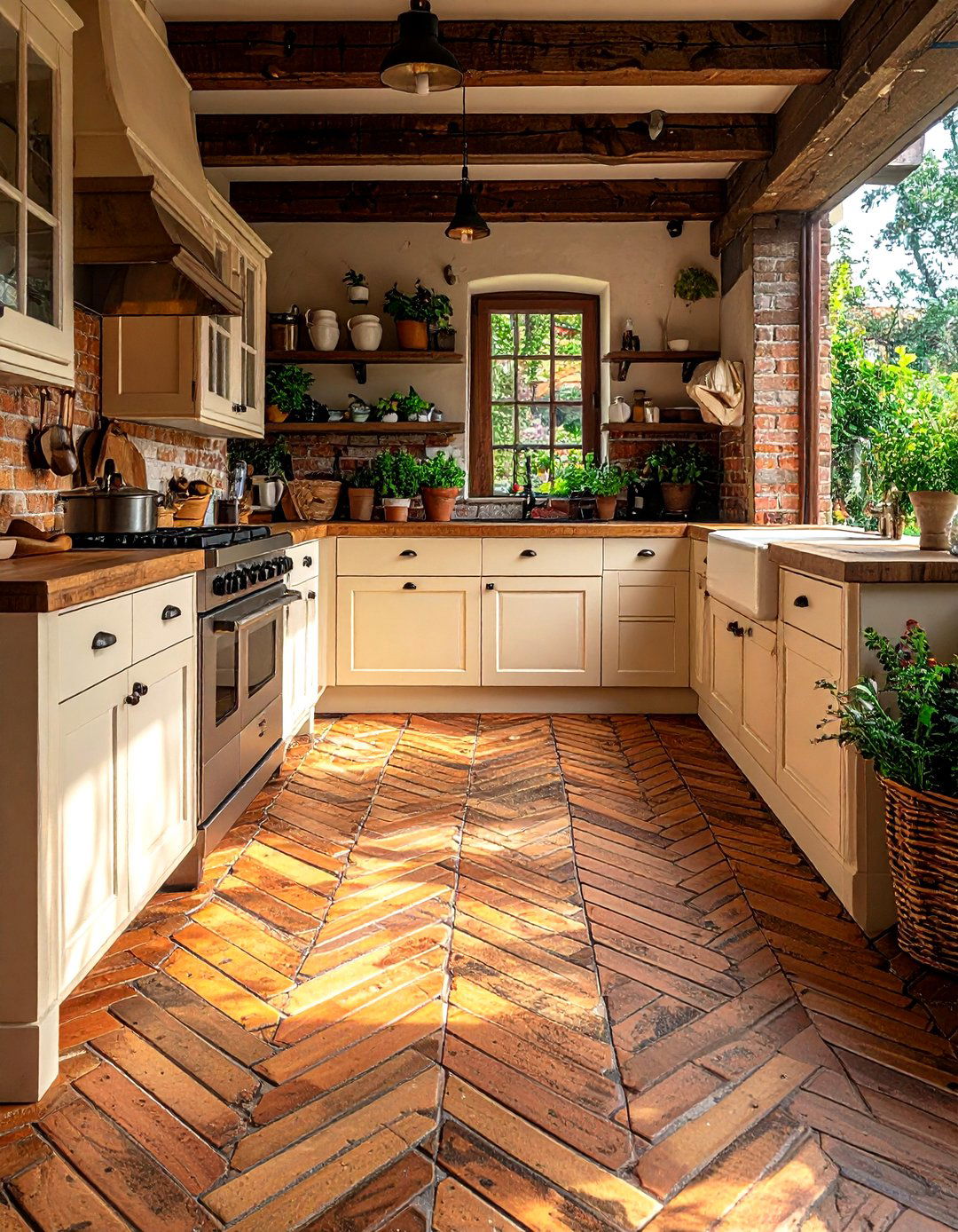 English country kitchen brick herringbone - 30 herringbone floor kitchen ideas