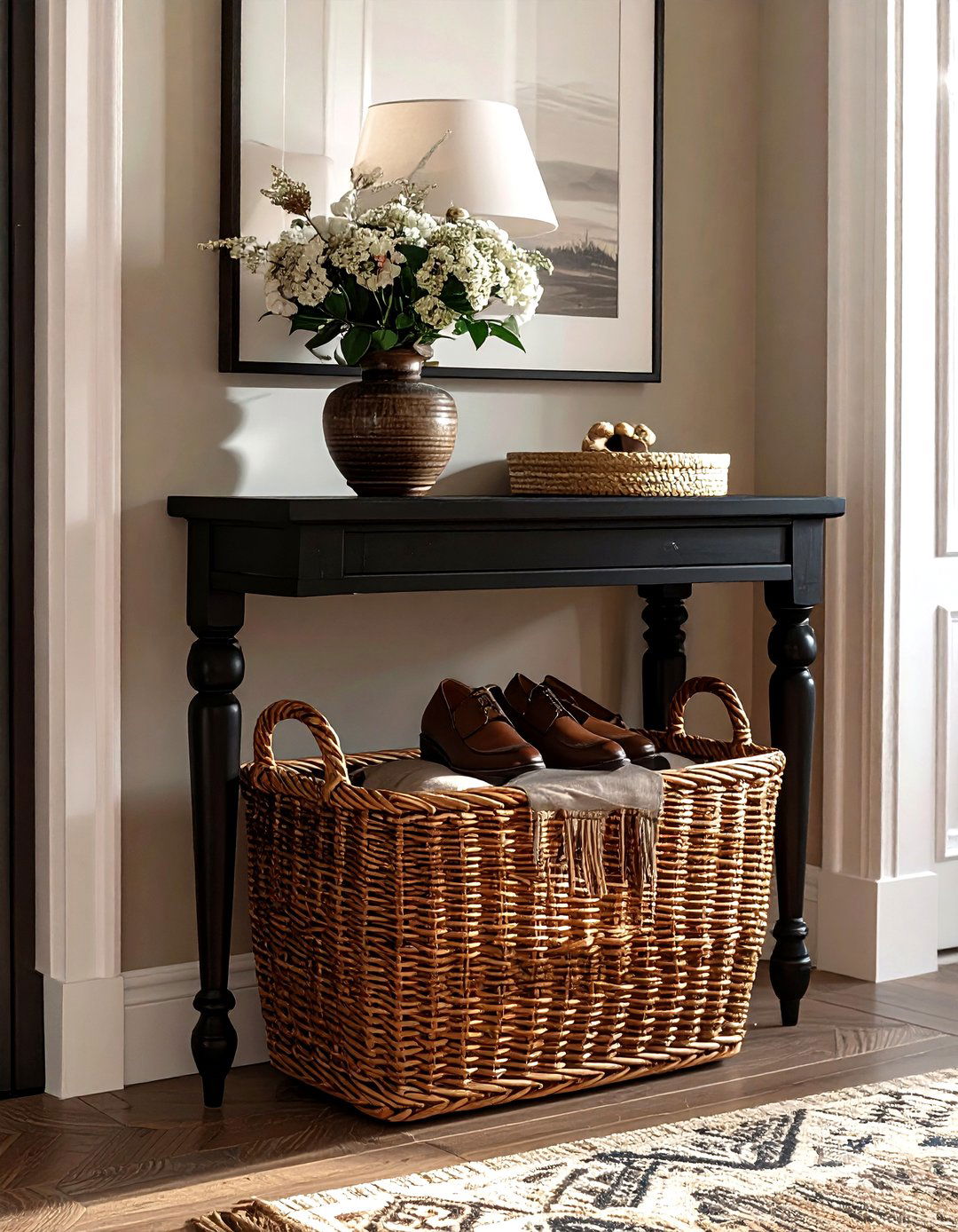 Entryway Console Basket - 30 living room storage basket ideas