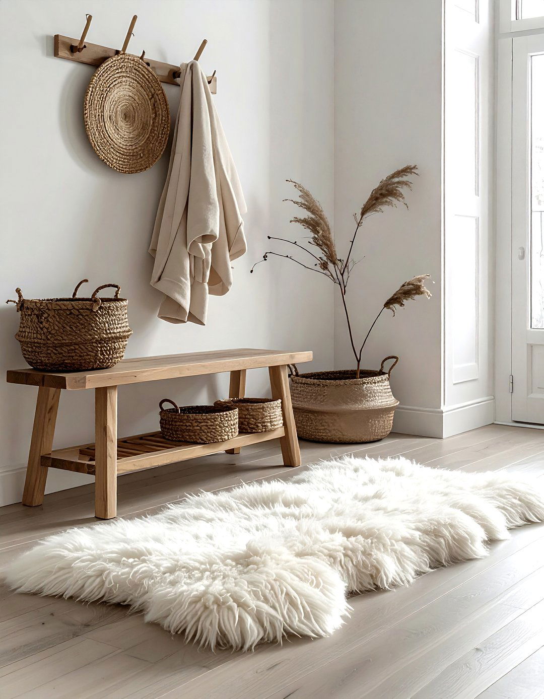 Entryway with sheepskin rug on bench - 30 sheepskin rug ideas
