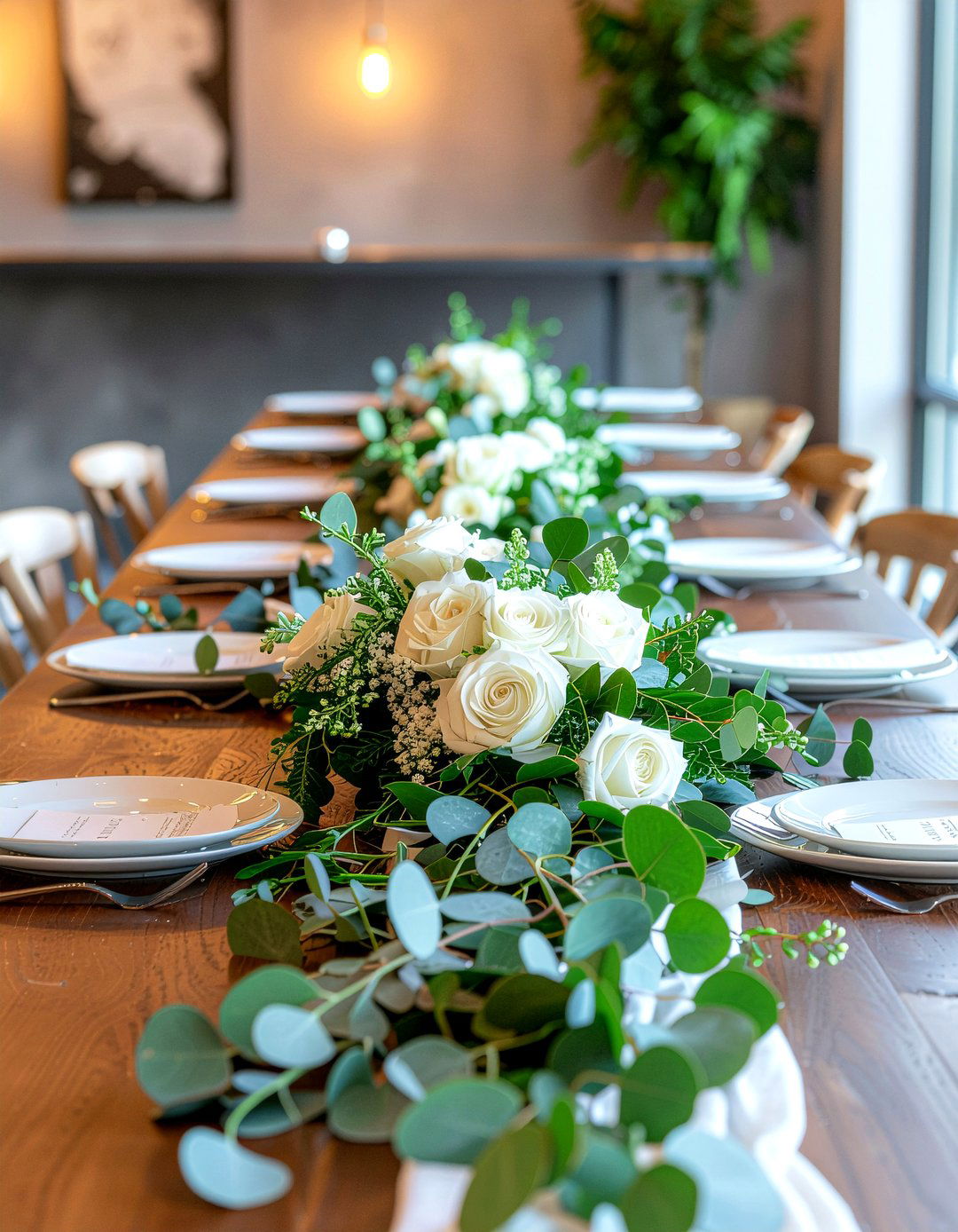 Eucalyptus Greenery Runner - 30 dining room fresh flower ideas