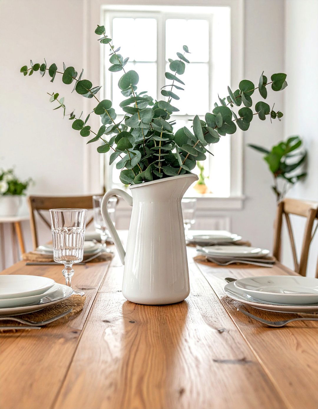 Eucalyptus In Tall Ceramic Pitcher - 30 tall centerpiece dining ideas
