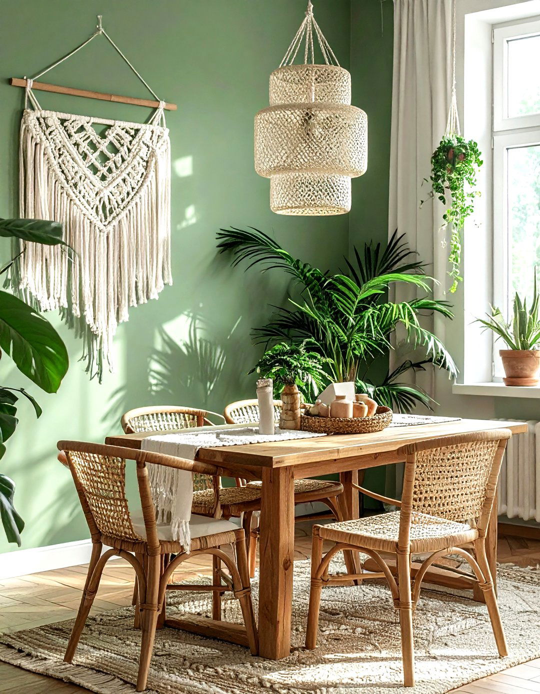 Eucalyptus green bohemian dining room - 30 green and white dining room ideas